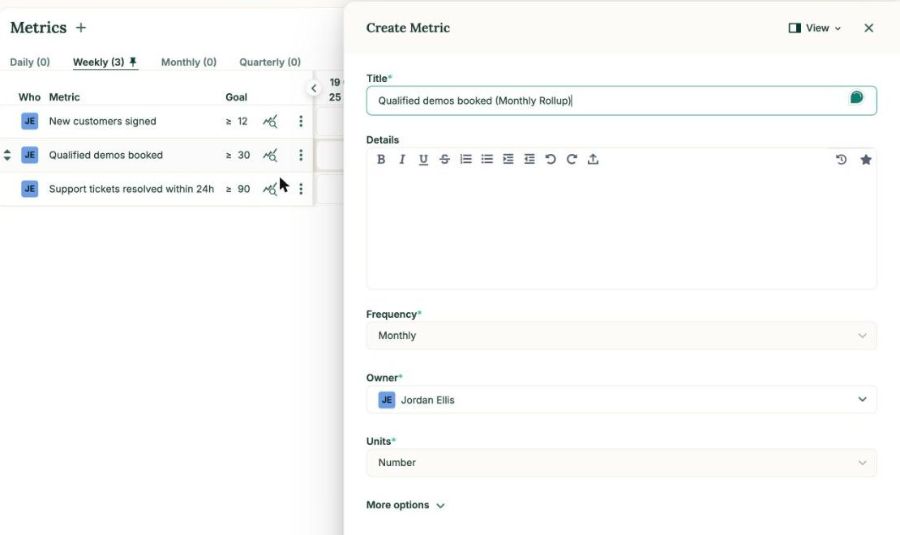 Create form prefilled with the monthly rollup KPI